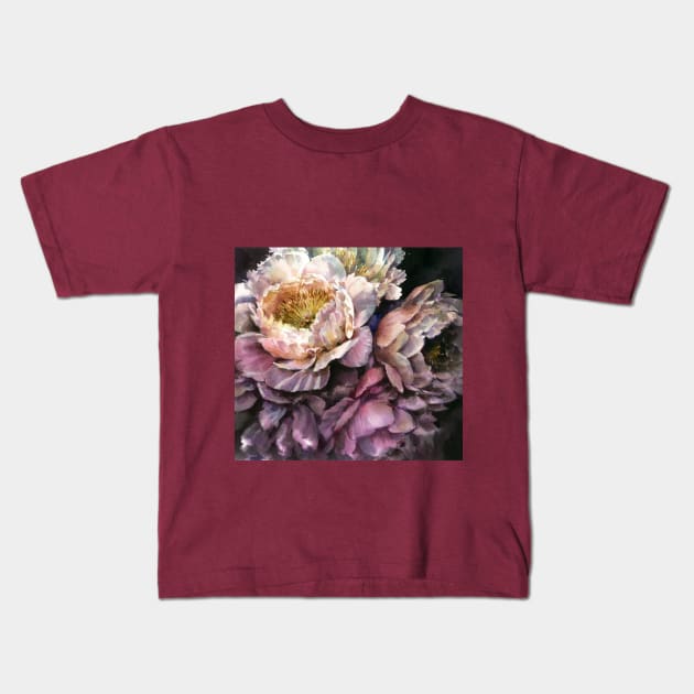 Peonies on a dark background Kids T-Shirt by Elena_Vavilina